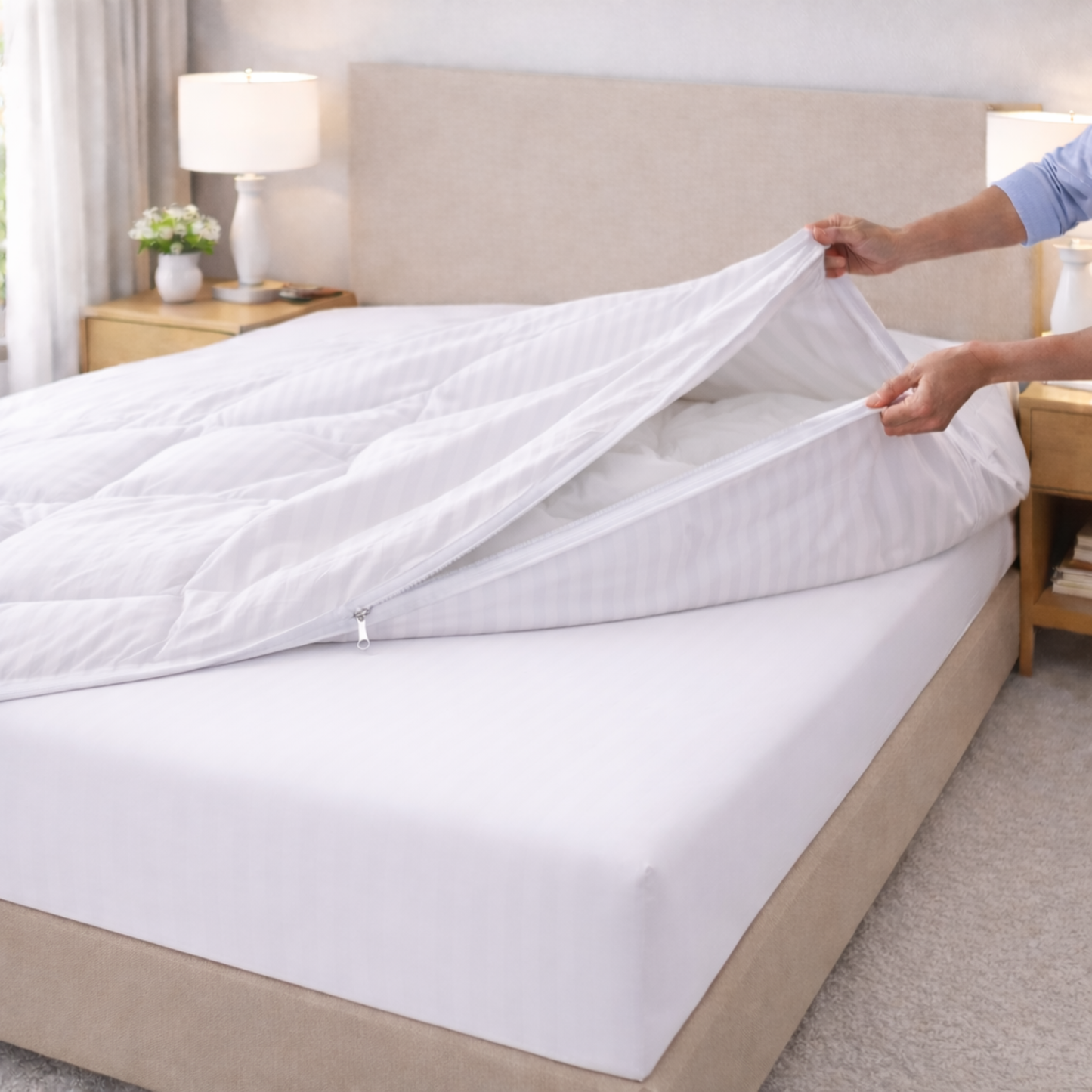 Premium Cotton Comforter Protector – 300 Thread Count Damask Stripe Finish