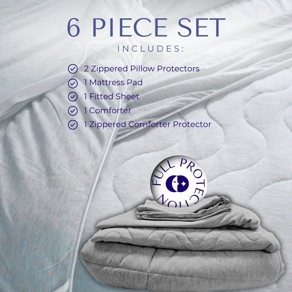 A six-piece bamboo bedding set neatly stacked, including a comforter, fitted sheet, mattress pad, zippered pillow protectors, and a zippered comforter protector.
