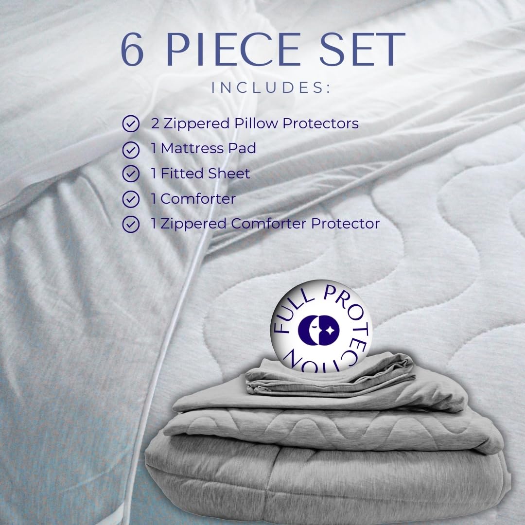 A six-piece bamboo bedding set neatly stacked, including a comforter, fitted sheet, mattress pad, zippered pillow protectors, and a zippered comforter protector.
