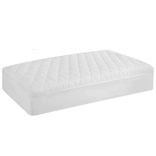 Isolated image of a quilted Continental Bedding mattress protector fitted on a mattress, displayed on a white background.

