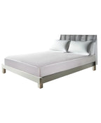 Modern bedroom featuring a minimalistic bed with a sleek gray upholstered headboard and a white mattress protected by a textured waterproof mattress protector, set on a simple metal frame. The neutral color palette provides a calm and clean sleeping environment