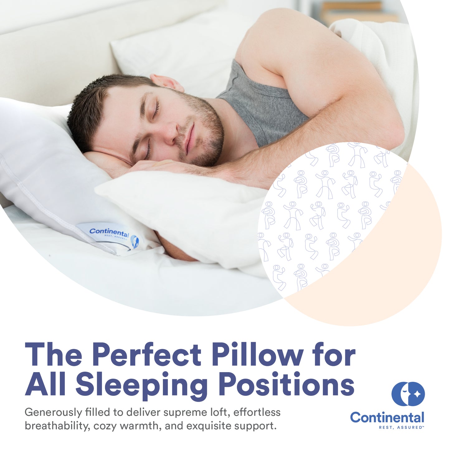 Promotional image for Continental's perfect pillow for side sleepers, featuring breathability, coziness, and excellent support.

