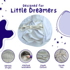 Toddler duvet protector with labeled features: damask stripes, machine washable, zipper closure, and corner ties
