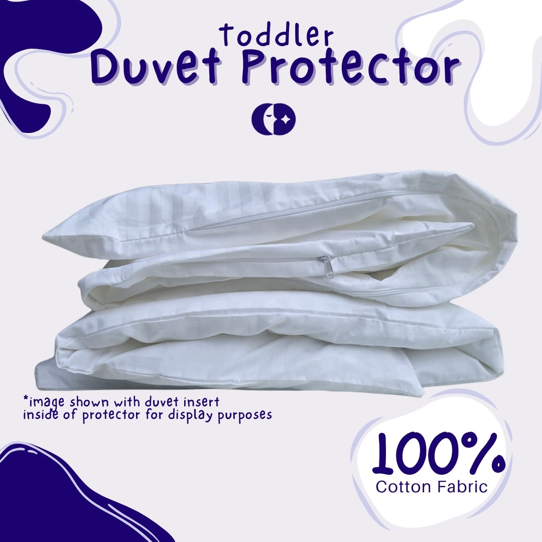 Folded toddler duvet protector with duvet insert shown inside and visible zipper