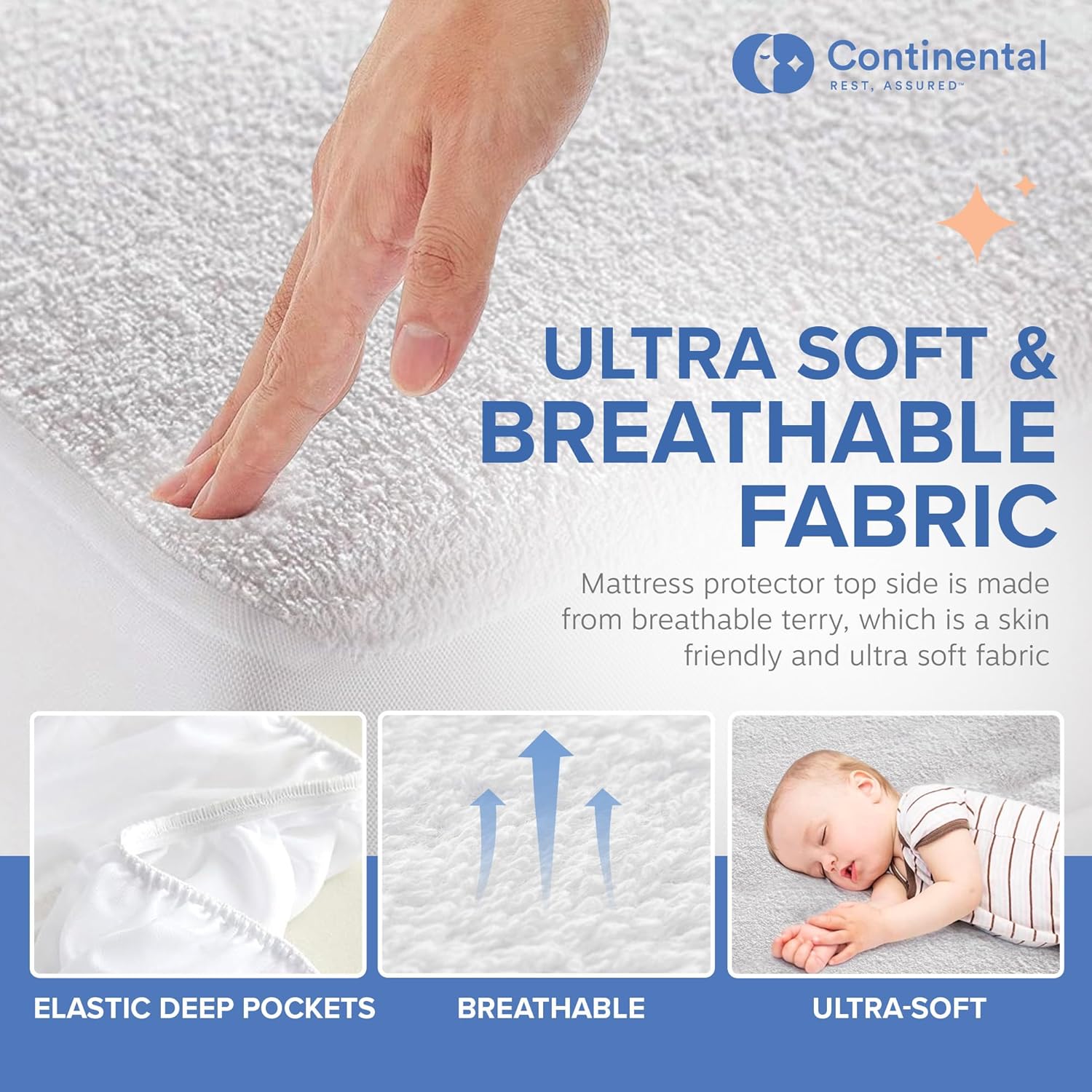 Hand pressing into soft terry surface of mattress protector with text highlighting ultra-soft, breathable fabric, elastic deep pockets, and baby sleeping peacefully.

